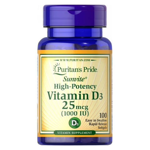 Vitamin D3 25 mcg (1000 IU) 100 Softgels by Puritan's Pride