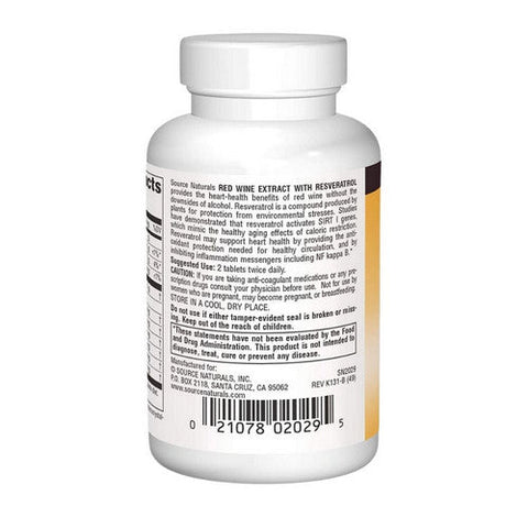 Source Naturals, Red Wine Extract, W/resveratrol Tabs 30 Tabs Source Naturals