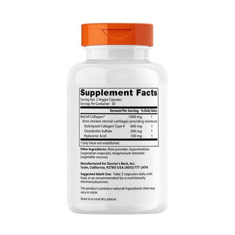 Doctors Best, Hyaluronic Acid Plus Chondroitin Sulfate With Biocell Collagen, 100 mg, 60 Veg Caps Doctors Best