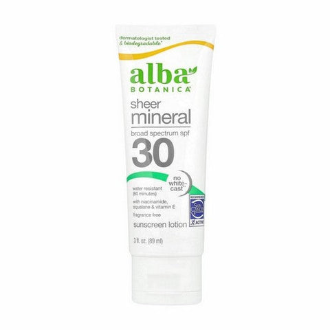 Alba Botanica, Sheer Mineral Sunscreen Lotion Spf 30 Fragrance Free, 3 Oz Alba Botanica
