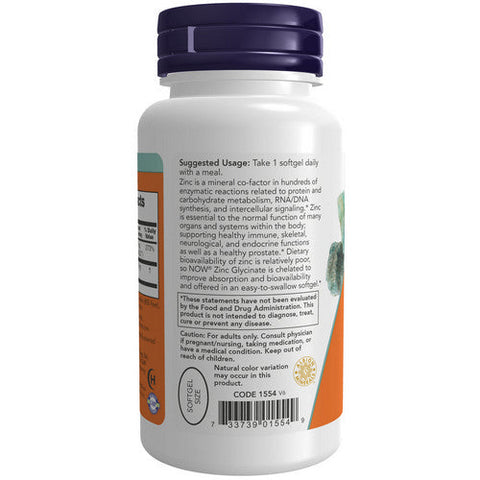 Now Foods, Zinc Glycinate Softgels, 30 Mg, 120 Count Now Foods